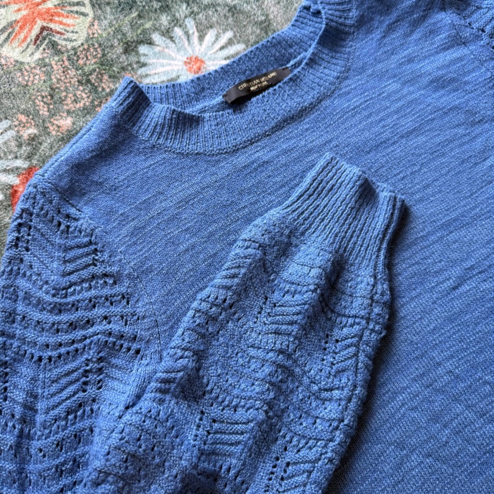 Christian Siriano New York Blue Chevron Pointelle Sleeve High Low Sweater Small